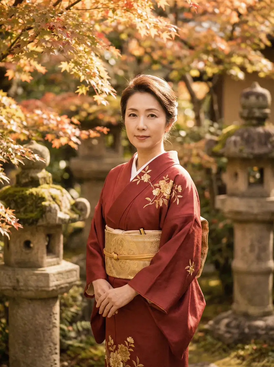 一位身穿暗红色和服的优雅 神秘入口 在日式庭院中